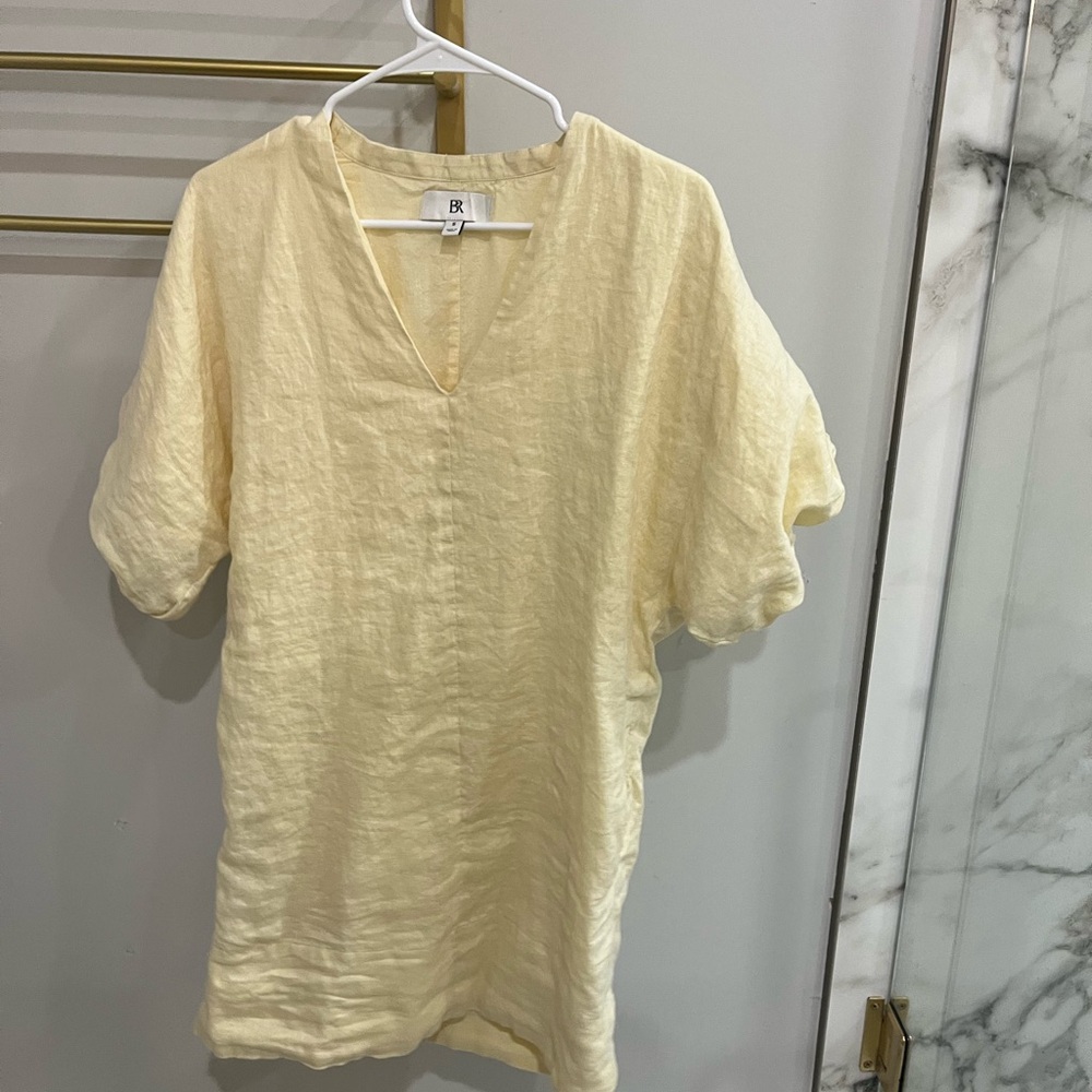 Light Yellow linen V-Neck mini dress with puff sleeves